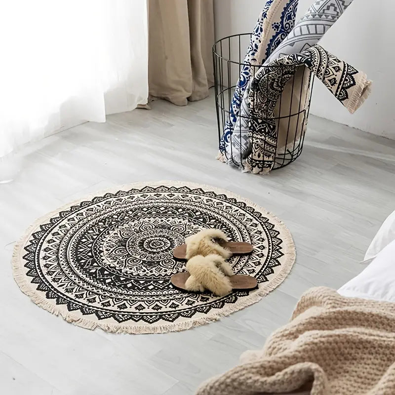 Chic Bohemian Mandala Round Cotton Area Rug with Tassels