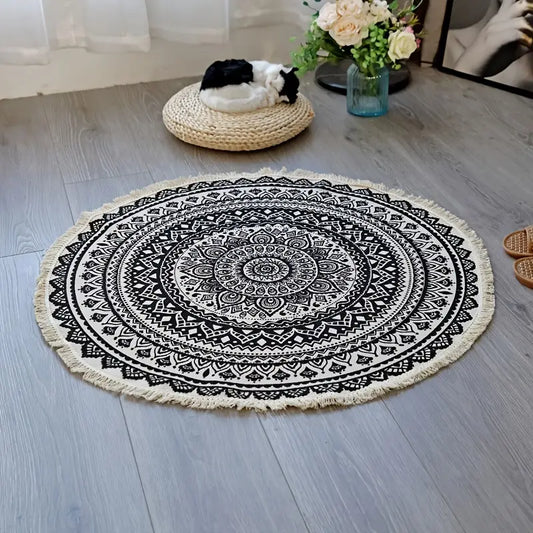 Chic Bohemian Mandala Round Cotton Area Rug with Tassels