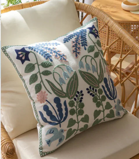 Embroidered Cushion Cover - Bluebells and Tulips (Single)