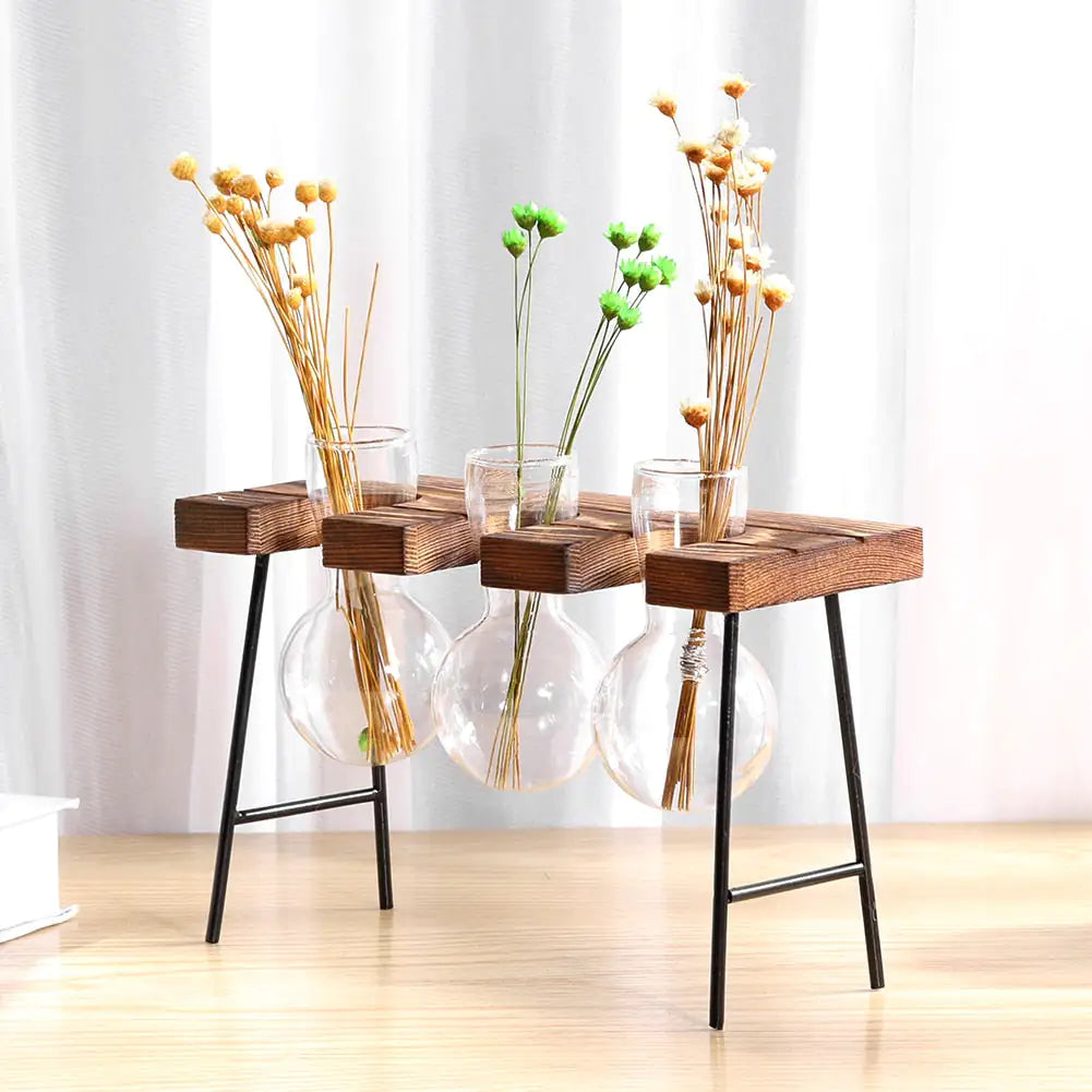 Glass and Wood Vase Planter Table Desktop - Hanna's Modern